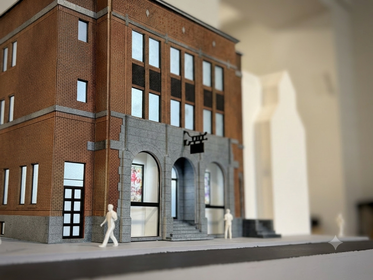 Brick art gallery scale model with detailed stone entrance